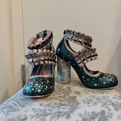 Irregular Choice Mermaid Unicorn Glam Dream Shoes! Metallic Iridescent Green With Gold And Pink Plus A Patterned Round Block Heel. Double Adjustable Ankle Straps. Never Worn Outside! Fun Printed Soles Perfectly Intact. Heel Height Is 4.” Party Heels With Ruffles And Round Toe, Ruffled Pointed Toe Party Heels, Weird Shoes, Outside Fun, Mermaid Shoes, Shoe Hacks, Mermaid Unicorn, Irregular Choice Shoes, Shoes Hack