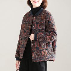 Korean Print Autumn Winter Cotton Coat Women Vintage Quilted Jacket Warm Long Sleeve Parkas Thick Casual Brown Quilted Winter Jacket, Casual Brown Quilted Jacket For Winter, Casual Patchwork Outerwear With Stand Collar, Casual Outerwear With Patchwork And Stand Collar, Long Sleeve Quilted Jacket For Fall, Fall Outerwear With Patchwork For Cold Weather, Winter Patchwork Outerwear With Stand Collar, Patchwork Outerwear For Cold Weather In Fall, Fall Patchwork Outerwear For Cold Weather