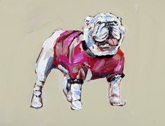 a painting of a bulldog wearing a red sweater and white shoes with his tongue out