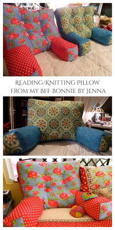 a couch with pillows on it and the words reading knitting pillow from my bf bonnie by