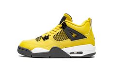 Air Jordan 4 Retro sneakers from Jordan Kids featuring yellow, leather, signature Jumpman motif, contrasting panel detail, round toe, front lace-up fastening, logo patch at the tongue, pull-tab at the heel, branded insole and rubber sole.  These styles are supplied by a premium sneaker marketplace.  Stocking only the most sought-after footwear, they source and curate some of the most hard to find sneakers from around the world. . Couple Height, Retro 4s, Paris Couple, Jordan 4 Retro, Air Jordan 4, Air Jordan 4 Retro, Stadium Goods, Kids Jordans, Retro Sneakers