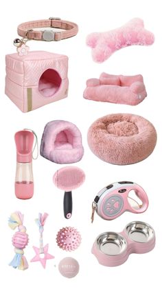 the contents of a pink dog bed and accessories