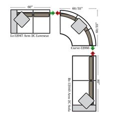 an image of a room with furniture and measurements for the corner wall, which is divided by