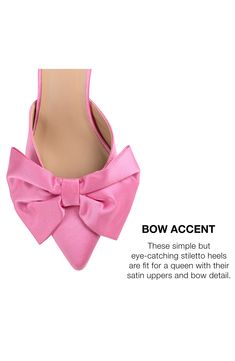 A floppy bow charms the pointed toe of a sophisticated mule set on a sensible mule. 3" heel Textile upper/synthetic lining and sole Imported Chic Heels With Detachable Bow And Pointed Toe, Evening Heels With Detachable Bow And Pointed Toe, Formal Heels With Detachable Bow And Pointed Toe, Spring High Heel Mules With Bow, Pink Mules With 4-inch Heel For Party, Pink Heels With Satin Bow For Spring, Spring Evening Heels With Detachable Bow, Spring Party Heels With Satin Bow, Party Heels With Satin Bow For Spring