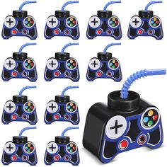 a set of eight game controllers with different colors and designs on each one, including the controller