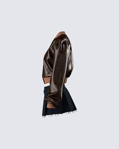 They’ll all want to go for a ride with you in this fit 😜 Pairing a brown washed leather jacket with a black twill mini skirt, this two-piece set is the perfect blend of sweet and edgy to leave them wanting more 🤎 Fitted Brown Outerwear For Night Out, Edgy Fitted Brown Outerwear, Trendy Fitted Brown Leather Jacket, Trendy Brown Fitted Leather Jacket, Fitted Brown Leather Punk Jacket, Chic Brown Leather Jacket For Streetwear, Luxury Cropped Leather Jacket With Zipper, Cropped Leather Jacket With Fur, Elegant Cropped Leather Jacket, Luxury