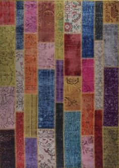 multicolored patchwork rug with various colors and designs on the front, in different sizes