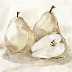 a painting of two pears and an apple on a white tablecloth with light colored background