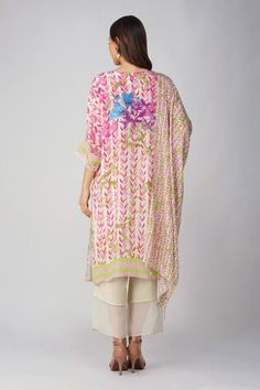 Pink kurta with all over multi color leaf, bird print and scalloped lace sleeve borders. Paired with straight fit pant with sheer border details, printed dupatta with sequin and bead drop tassels. - Aza Fashions Spring Multicolor Kurta With Sheer Dupatta, Multicolor Sets With Sheer Dupatta For Summer, Pink Kurta, Women Kurta, Printed Dupatta, Straight Fit Pants, Straight Kurta, Bird Print, Kurta Set