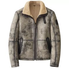 Men's Distressed Shearling Leather Jacket Outer Shell: Real Leather Leather Type: Sheepskin Leather Finish: Semi-aniline Inner Shell: Faux Shearling Closure Style: Zipper Collar Style: Turn Down Cuffs Style: Open Hem Inside Pockets: One Outside Pockets: Two Side Zip Pockets Color: Black & Beige