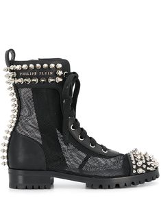 Philipp Plein Studded 35mm lace-up Boots - Farfetch Studded Boots Outfit, Philipp Plein Shoes, Shoe Refashion, Studded Boots, Black Accessories, Philipp Plein, Black Leather Boots, Boots Outfit, Short Boots