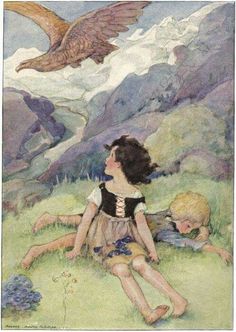 two children are sitting in the grass with an eagle flying above them and another child is laying on the ground