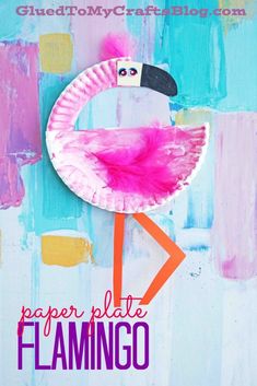 a paper plate flamingo craft with the words paper plate flamingo on it