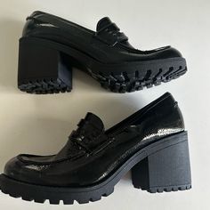 Brand New Black Patent Leather Chunky Heeled Loafers. Never Worn So Perfect Condition Chunky Heeled Loafers, Dirty Laundry Shoes, Cream Sandals, Black Suede Heels, Dirty Laundry, Chunky Block Heels, Black Loafers, Loafer Mules, Beach Shoes