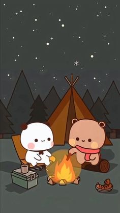 two cartoon bears sitting around a campfire