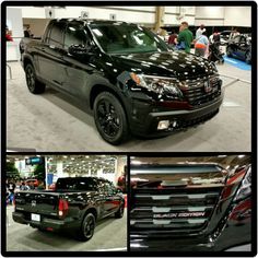 four different pictures of the front and side of a black pickup truck at an auto show