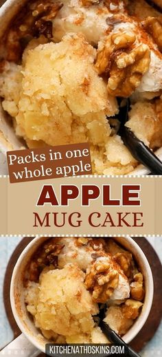 two pictures with the words packs in one whole apple mug cake