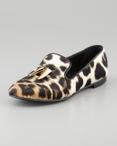 Leopard-Print Calf Hair Horn Tassel Smoking Slipper by Giuseppe Zanotti Hair Horn, Louboutin Kate, Christian Louboutin Kate, Leopard Shoes, Cute Flats, Calf Hair, Giuseppe Zanotti, Loafers Men