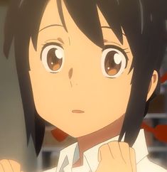 an anime character with black hair and brown eyes looks at the camera while wearing a white shirt