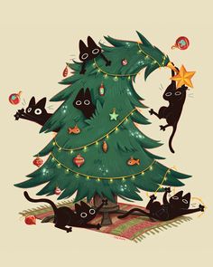 a christmas tree with cats around it