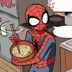 a spider - man holding a bowl of noodles and chopsticks in his hand