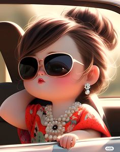 a digital painting of a woman wearing sunglasses and pearls in the back seat of a car