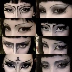 Goth Makeup Looks With Glasses, Goth Makeup No Eyebrows, Graphic Makeup Looks, Trad Goth Makeup Ideas, Goth Character Design, Goth Looks