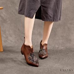 Lasaky - Handcrafted Vintage Leather Boots with Fashionable Pointed Toe, Chunky Heel, and Comfortable Cowhide Ankle Booties Vintage Leather Boots, Luxury Heels, Rough Heels, Brown Cowhide, Pointed Heels, Leather Cushion, Womens Mid Calf Boots, Chunky Boots, Ethnic Style