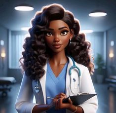 a black female doctor with a stethoscope and clipboard in her hand