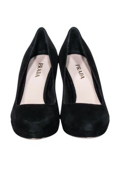 Step into the boardroom with confidence and class in these Prada-approved, sleek black suede pumps! Perfectly crafted with the "at the office" look in mind, these pumps now have you ready to take on the power of the dress code. Size 9.5 (IT 39.5) Made in Italy Suede upper Leather lining and sole Minor blemishes on suede and heel Heel height 3.5" Black Suede Pumps, Office Look, Buy Shoes Online, Prada Shoes, Suede Pumps, Luxury Shop, Dress Code, Fashion Labels, Touch Up