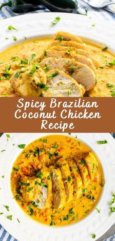 the recipe for spicy brazilian coconut chicken is shown on a plate with bread and garnishes