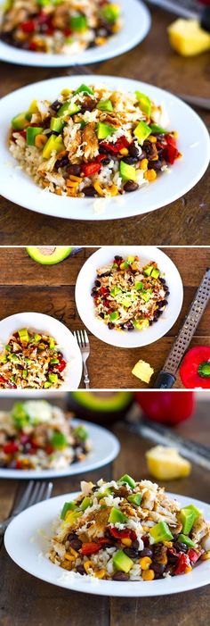 four different plates with food on them sitting on a wooden table next to each other