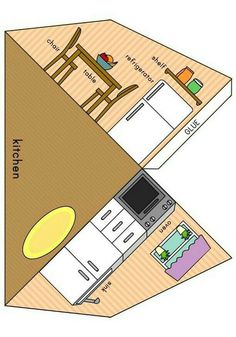 the floor plan for a kitchen and dining area with an oven, microwave, table and chairs