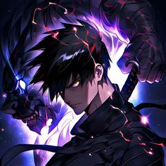 an anime character with black hair and purple eyes, holding his arm out to the side