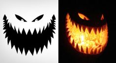 two pumpkins that have been carved to look like scary faces, one with teeth and the other with fangs