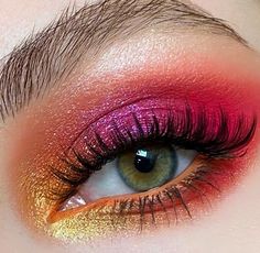 Eye Makeup Sunset, Bold Color Eye Makeup, Pink Orange Yellow Eye Makeup, Orange Glitter Eye Makeup, Fushia Eyeshadow Make Up, Bright Red Eyeshadow Looks, Pink Sunset Makeup, Pink Orange Makeup Look, Pink Orange Eye Makeup