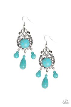 Dotted with a round turquoise stone center, a frilly silver frame gives way to a beaded turquoise stone fringe for a whimsical look. Earring attaches to a standard fishhook fitting.

Sold as one pair of earrings. Earrings Stone, Silver Frames, Fish Hook Earrings, Paparazzi Accessories, Paparazzi Jewelry, Earrings Collection, Blue Earrings, Silver Frame, Stone Earrings