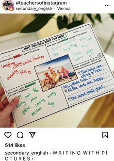 someone is holding up a postcard with pictures on it and the caption below