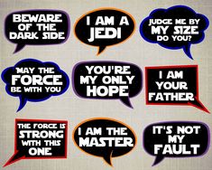 six speech bubbles with different sayings on them