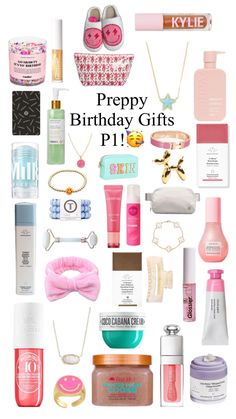 a collage of various items that say happy birthday gifts, pii and other personal care products