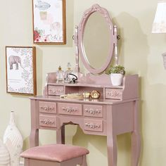 Bedroom Vanity Set, Pink Vanity, Makeup Vanity Set, Padded Stool, Traditional Vanity, Wooden Vanity, Vanity Set With Mirror, Upholstered Stool, Dekorasi Kamar Tidur