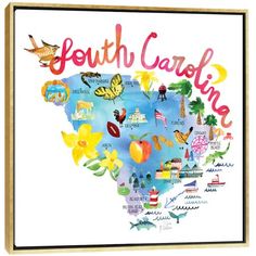 the map of south carolina is shown in watercolor and has many different things on it