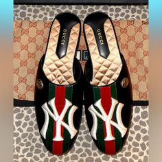 These Are From A Limited Edition, Gucci X Mlb, Capsule Collection. They Are A Women's Size 38 Which Is A Us Size 8. They Have Never Been Worn And Are In Store Condition. They Come With The Gucci Canvas, Shoe Pouch Which Easily Doubles As A Clutch Handbag. Also Comes With The Original Box. These Are 100% Authentic. Retail Was $1080 They Are Exactly As Pictured And Described. I Will Not Send Additional Pictures To Anyone's Email. Transaction Will Be Done On This Platform Only. Designer Leather Slip-on Slides, Designer Slides With Leather Sole, Gucci Slip-on Mules With Leather Sole, Gucci Leather Mules, Luxury Gucci Slip-on Slides, Gucci Leather Slip-on Mules, Luxury Gucci Slip-on Mules, Designer Slides With Leather Sole And Round Toe, Designer Slides With Round Toe And Leather Sole