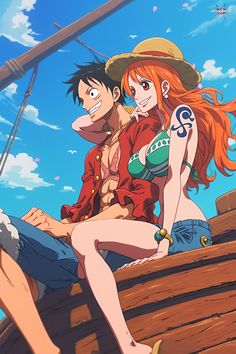 two anime characters sitting on top of a wooden boat in front of blue sky and clouds