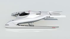 a white and black model of a futuristic flying vehicle on a gray surface with reflections