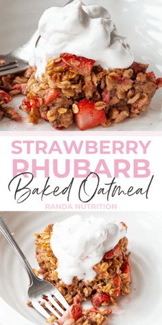 strawberry rhubarb baked oatmeal with whipped cream on top