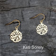 "Designs by Keti Sorely. This handmade initials earrings will spell out your initials in striking details. Crafted by our talented jewelers using old style craftsmanship. Special for yourself or for your loved ones! Metal:  Sterling Silver 0.925. Yellow gold over Stirling Silver Rose Gold over Sterling Silver Monogram size - optional from 1/2\" to 1.25\" --------Shipping------------- Allow 15 - 20 days for production." Personalized Dainty 14k Gold Earrings, Personalized Dainty Rose Gold Earrings, Personalized Drop Earrings For Anniversary, Personalized Classic Brass Jewelry, Sterling Silver Yellow Gold Monogram Jewelry, Personalized Sterling Silver Earrings As Gift, Yellow Gold Sterling Silver Monogram Jewelry, Personalized Yellow Gold Dangle Earrings, Gold Dangle Jewelry With Initials