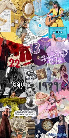 the collage shows many different pictures and words on this piece of art, including an image of a woman with a guitar