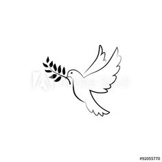 a dove with an olive branch in its beak, black and white outline on a white background