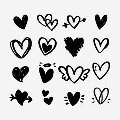 black and white hearts drawn in different ways